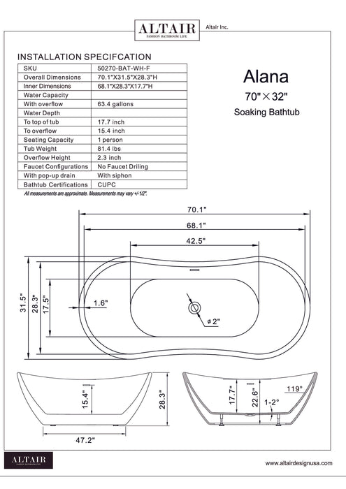 Altair - Alana 70" x 32" Freestanding Soaking Acrylic Bathtub Bathtub Altair 