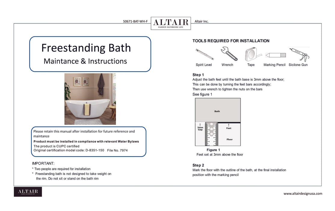 Altair - Allegra 71" x 34" Freestanding Soaking Acrylic Bathtub Bathtub Altair 