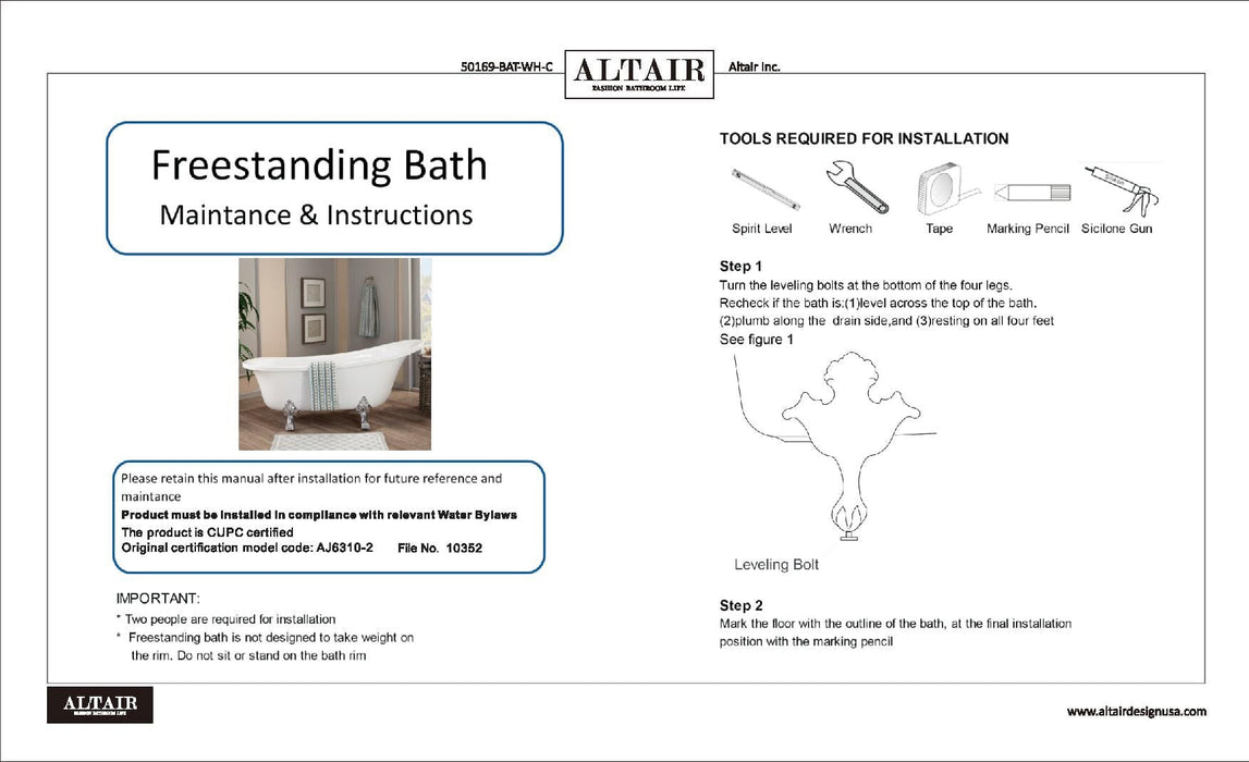 Altair - Geneva 69" x 30" Clawfoot Soaking Acrylic Bathtub Bathtub Altair 