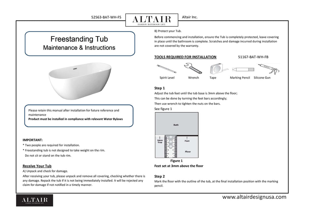 Altair - Tazlar 63" x 28" Flatbottom Freestanding Acrylic Soaking Bathtub in Glossy White with Drain and Overflow Bathtub Altair 