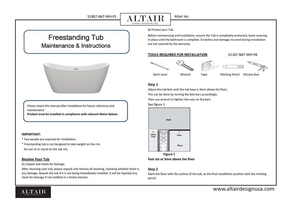 Altair - Vansza 67" x 32" Flatbottom Freestanding Acrylic Soaking Bathtub in Glossy White with Drain and Overflow Bathtub Altair 