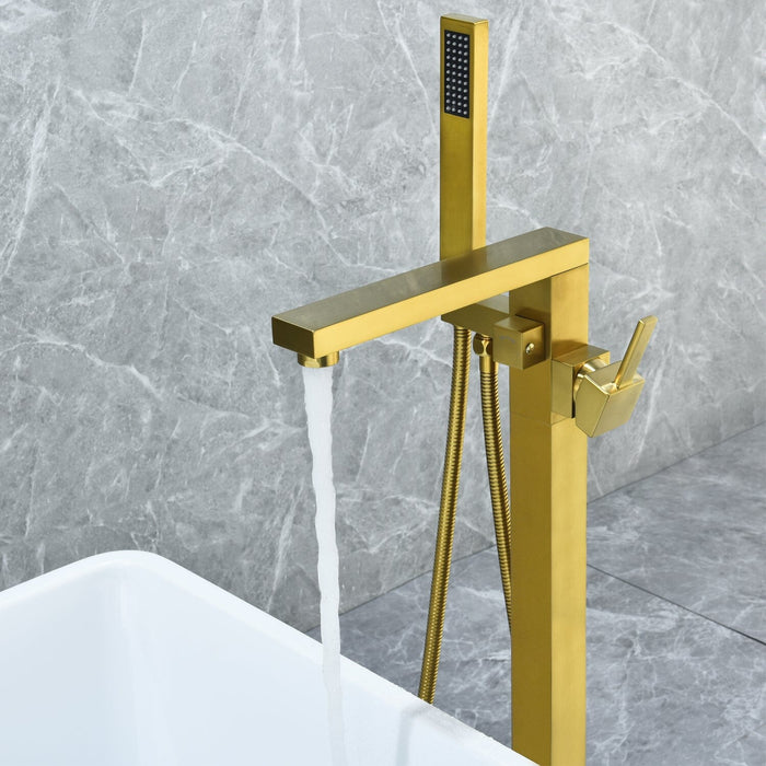Campia Single Lever Handle Freestanding Floor Mounted Tub Filler with Handshower in Brushed Gold Bathtub Faucet Altair 