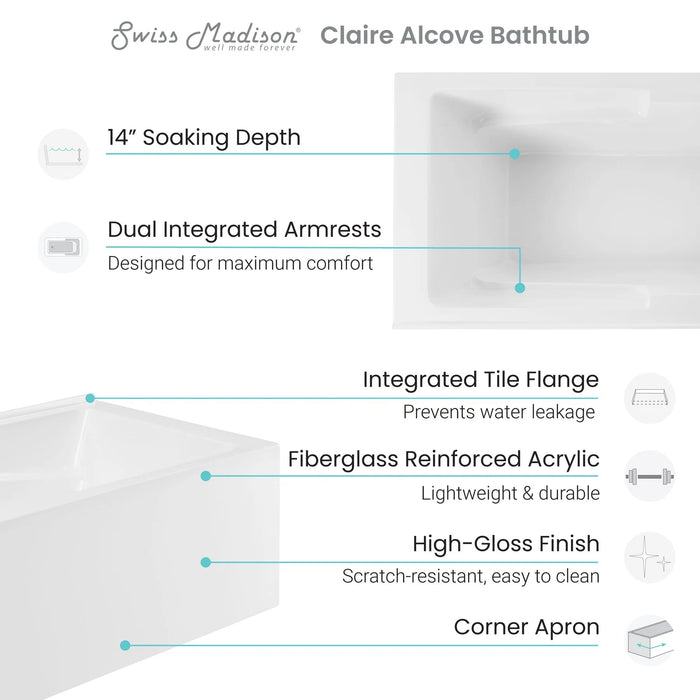 Claire 60" x 32" Right-Hand Drain Drain Alcove Tub with Corner Apron Bathtub Swiss Madison 