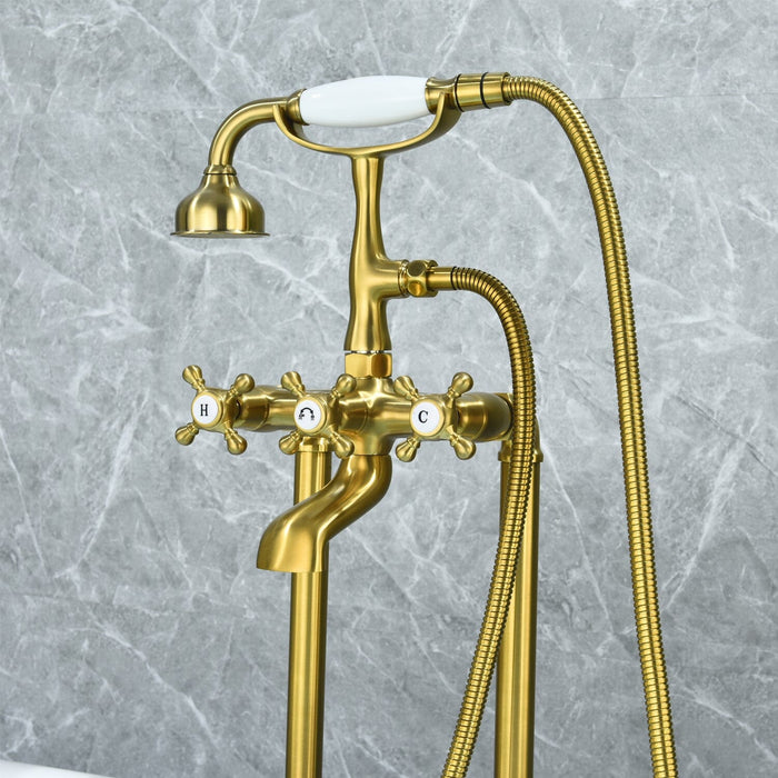 Forcé Vintage Style Cross Handle Claw Foot Floor Mounted Tub Filer with Handshower in Brushed Gold Bathtub Faucet Altair 