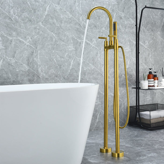 Gnosall Double Lever Handle Freestanding Floor Mounted Tub Filler with Handshower in Brushed Gold Bathtub Faucet Altair 