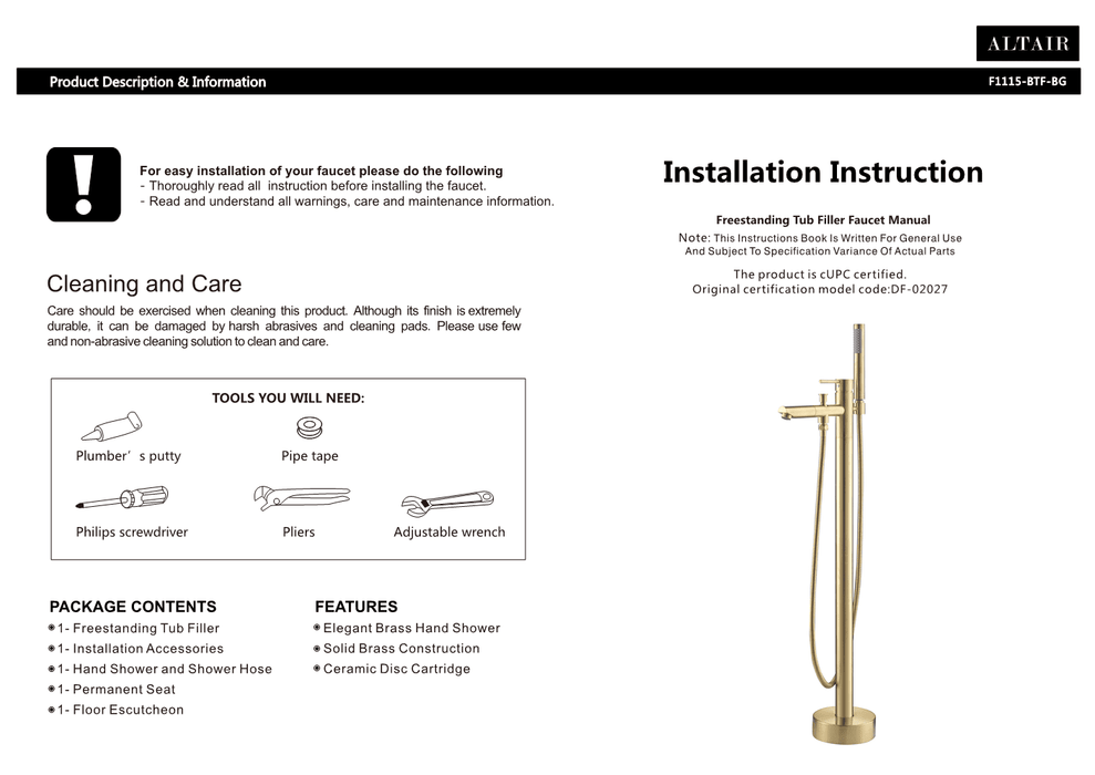 Larod Single Lever Handle Freestanding Floor Mounted Tub Filler with Handshower in Brushed Gold Bathtub Faucet Altair 