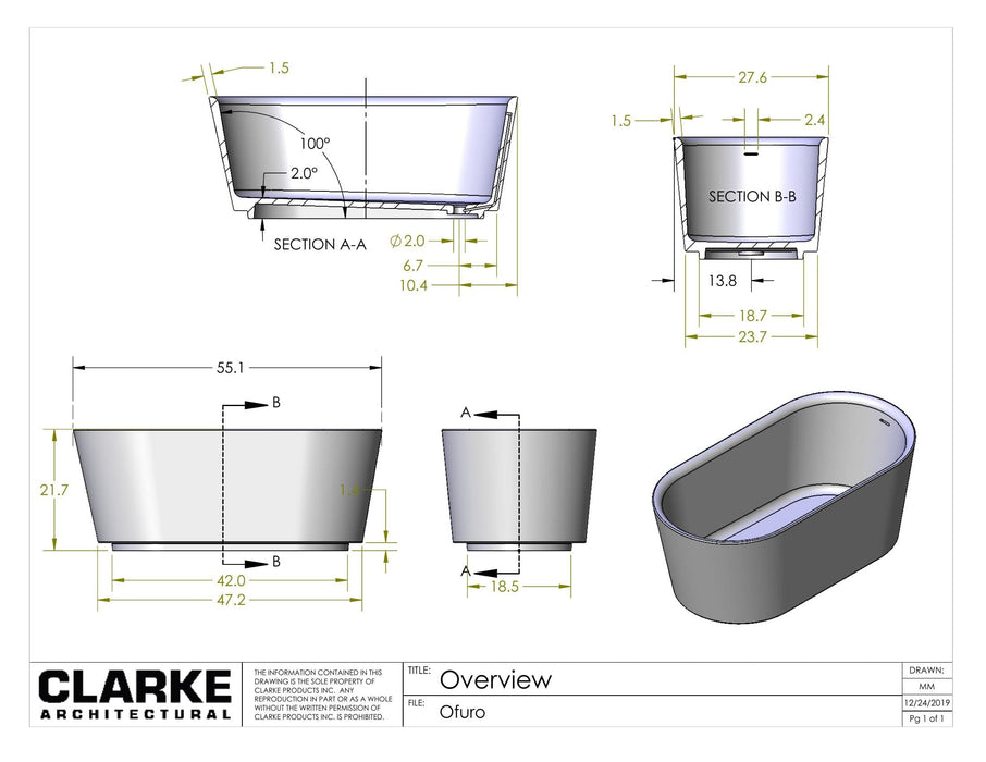 Ofuro 55" x 28" Freestanding Soaking Solid Surface Bathtub Bathtub Clarke Products 